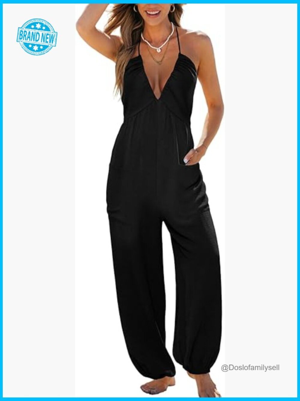 Halter Plunging V Neck Sleeveless Maxi Jumpsuit with Pockets Smocked Waist